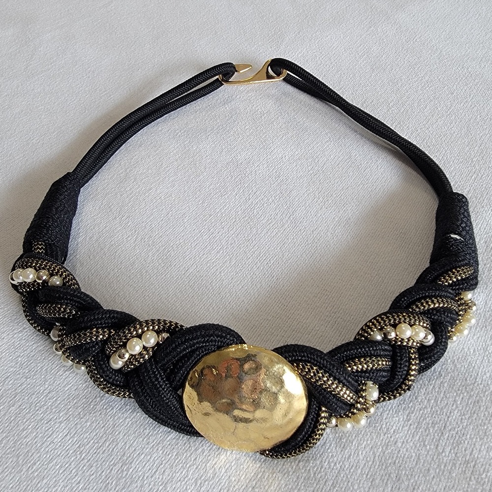 EUC Vintage 80s Rope Belt Black Gold Braided Women's S/M Retro Glam Statement